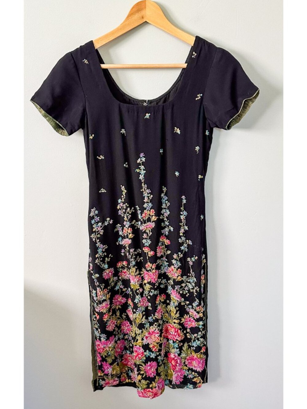 Pink Floral and Black Indian Embroidered Kurti Dress